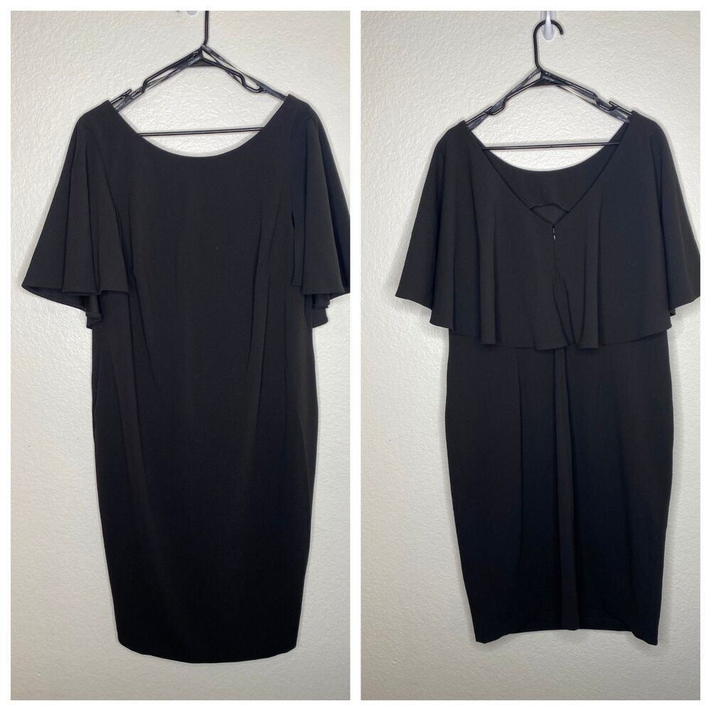 Calvin Klein black midi dress flutter sleeve sheath career office scuba 16W
